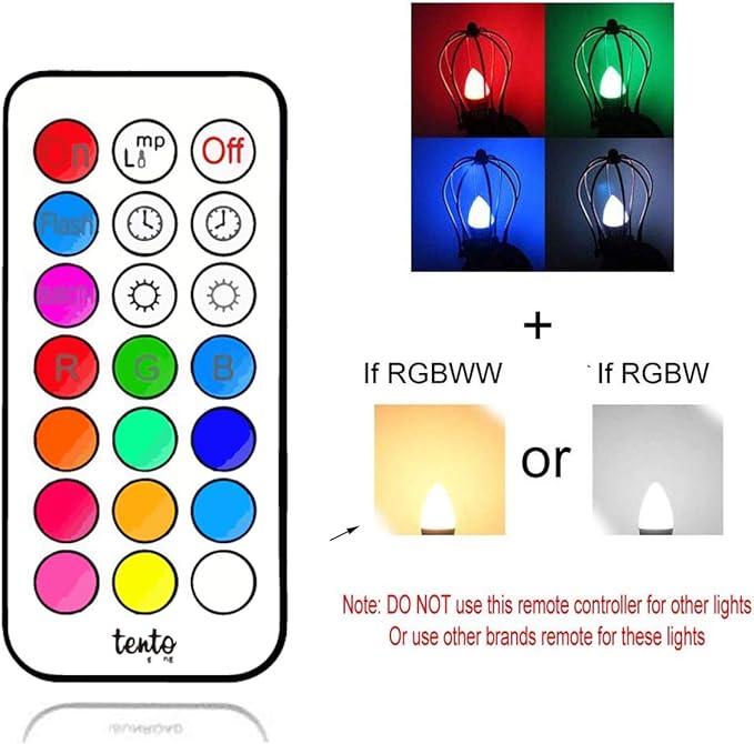 tento Lighting E12 3W 250Lm Candelabra Base, Dimmable Bullet Top Multi-Colored Remote Controlled Chandelier Party Lights LED Bulb, Cool White (4600k - 6500k) (2 Pack)