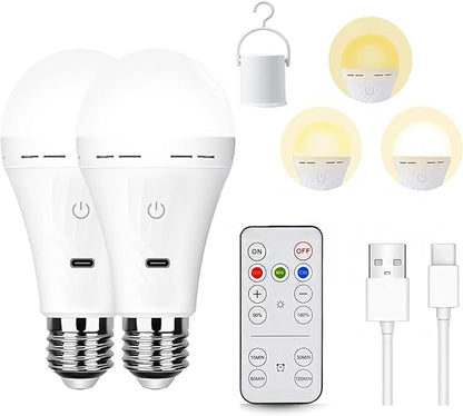 Rechargeable Battery Operated Light Bulbs for Non-Hardwired Fixtures with Remote and Timer, 3 Color Temps Dimmable Battery Backup Bulbs with Hooks for Decorative Lighting Outdoor Lighting