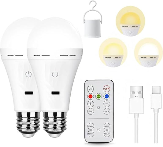 Rechargeable Battery Operated Light Bulbs for Non-Hardwired Fixtures with Remote and Timer, 3 Color Temps Dimmable Battery Backup Bulbs with Hooks for Decorative Lighting Outdoor Lighting