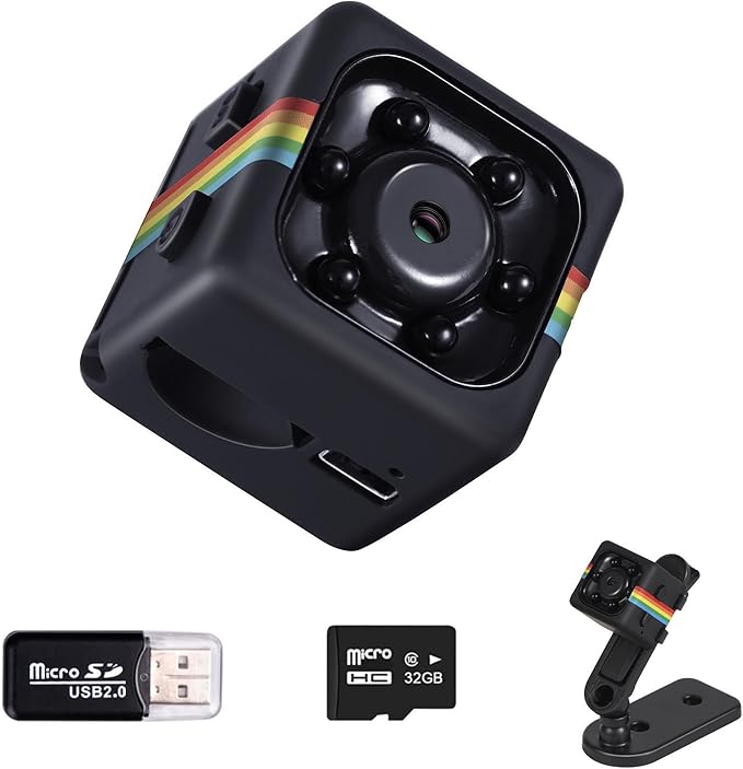 Spy Camera, No WiFi Security Camera with 32GB TF Card, 1080P FHD Mini Cameras with 360° Rotation Bracket, Small Cameras for Home/Indoor/Outdoor Security(Black)
