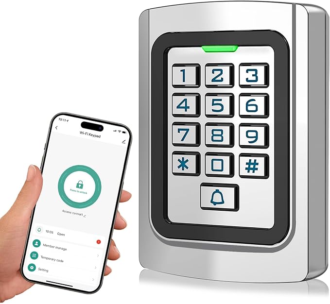 WiFi Access Control Keypad, 12V DC Wireless WiFi TUYA Door Keypad, PIN Code & ID Card Metal Key pad, IP68 Waterproof, 2000 Users, for Garage Door, Gate Opener and Access Control Systems