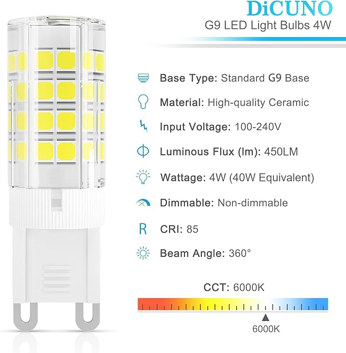 DiCUNO G9 LED Light Bulb 4W, 40W Halogen Replacement, Daylight White 6000K, 450 Lumen, G9 Bi-Pin Ceramic Base Bulb, 120V, Non-dimmable, for Chandelier Lighting, Pendant Light, 6-Pack