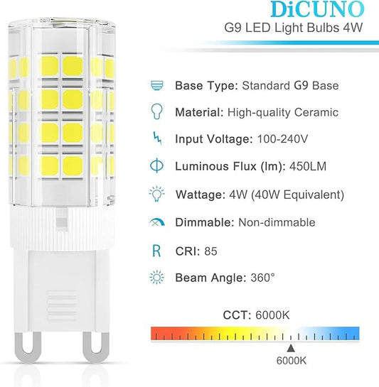 DiCUNO G9 LED Light Bulb 4W, 40W Halogen Replacement, Daylight White 6000K, 450 Lumen, G9 Bi-Pin Ceramic Base Bulb, 120V, Non-dimmable, for Chandelier Lighting, Pendant Light, 6-Pack