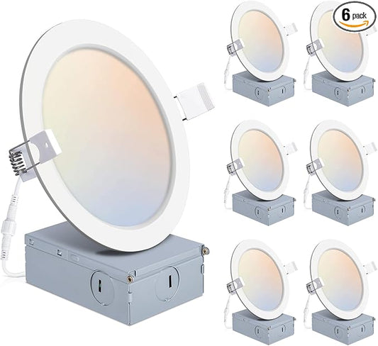 POWERASIA 6 Pack 6 Inch LED Recessed Lights with Junction Box, Recessed Lighting 6 Inch 5CCT Dimmable 2700K-6000K,15W 1200lm Canless Downlight-ETL and Energy Star Certified