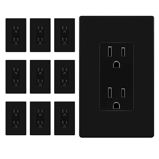 ENERLITES 10 Pack Decorator Outlet 15A Receptacle with Screwless Wall Plate | Self-Grounding, UL Listed, Standard Residential Electrical Outlets for Home, Non-Tamper Resistant, 5-15R, 125V, Glossy Black