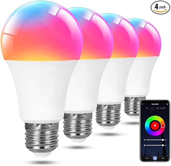 A19 Smart Light Bulb, 9W 900LM RGB+CCT LED Bulb - 16 Million Vibrant DIY Colors, Music Sync via Tuya, Works with Alexa & Google Assistant - 2.4GHz No Hub Required for Home Decor(4Pack)