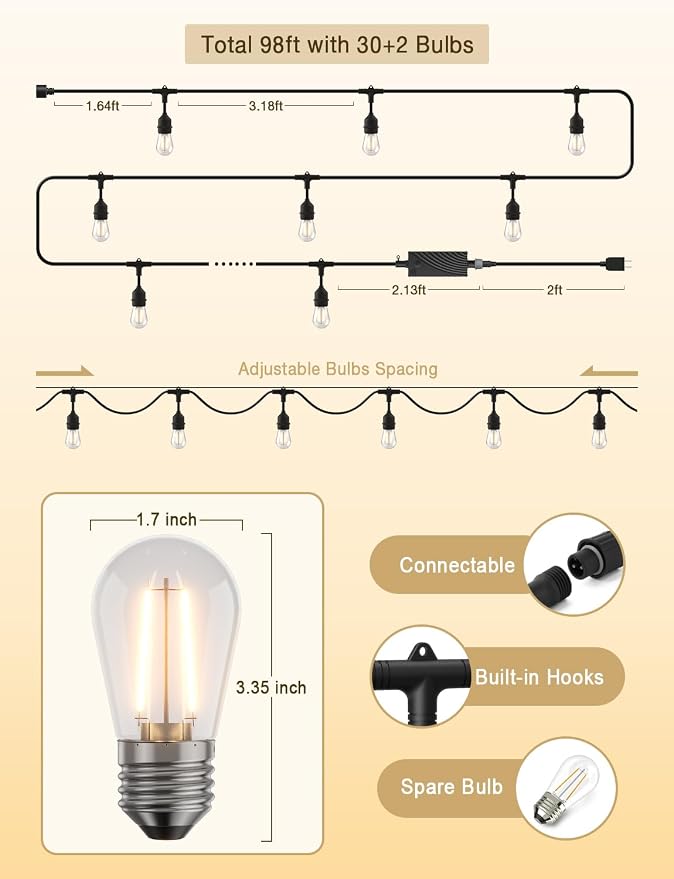 XMCOSY+ Outdoor String Lights, 98FT Smart Dimmable Edison Bulb Patio Lights | Smart App & Voice Control LED String Lights, Custom Schedules, Dimming, Warm White Light for Outside, Yard,Porch, Warerproof
