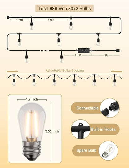 XMCOSY+ Outdoor String Lights, 98FT Smart Dimmable Edison Bulb Patio Lights | Smart App & Voice Control LED String Lights, Custom Schedules, Dimming, Warm White Light for Outside, Yard,Porch, Warerproof
