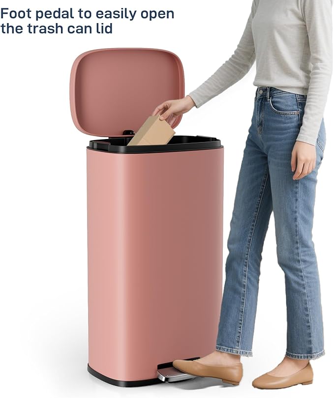 Arlopu 8/13.2 Gallon Step Trash Can, Stainless Steel Garbage Bin, Soft-Close Rubbish Bin with Removable Plastic Inner Bucket, Fingerprint-Proof, Lid Dustbin, Suit for Kitchen Home (Pink, 50L)