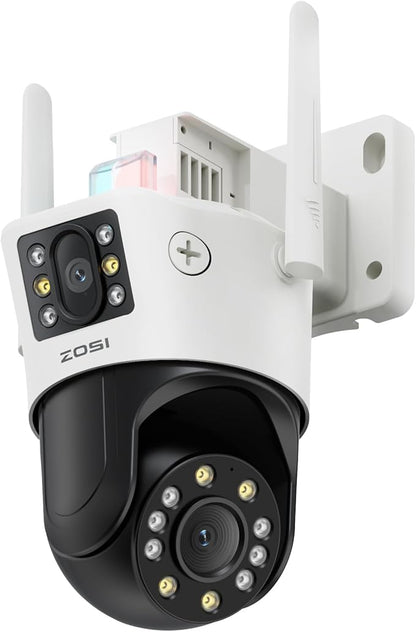 ZOSI C298 SE 6MP Dual-Lens(4MP+2MP) Wired WiFi PT Plug-in Security Camera Outdoor, 360 View Pan/Tilt Camera, Human/Vehicle Detect, Color Night Vision, Spotlight Siren,Two-Way Talk, memory card Storage