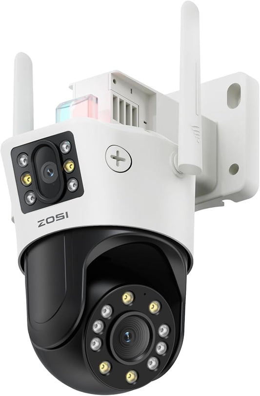 ZOSI C298 SE 6MP Dual-Lens(4MP+2MP) Wired WiFi PT Plug-in Security Camera Outdoor, 360 View Pan/Tilt Camera, Human/Vehicle Detect, Color Night Vision, Spotlight Siren,Two-Way Talk, memory card Storage