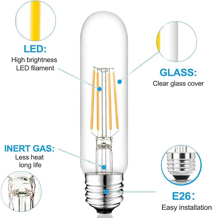 5 Inch Edison Bulb, 5000K Daylight White E26 Led Bulb 6W Dimmable, 800LM T10 T9 Bulb Clear Glass Tubular Light Bulbs, AC 120V Equal 80 Watt Bulbs for Chandelier Pendant Wall Light - 6Pack