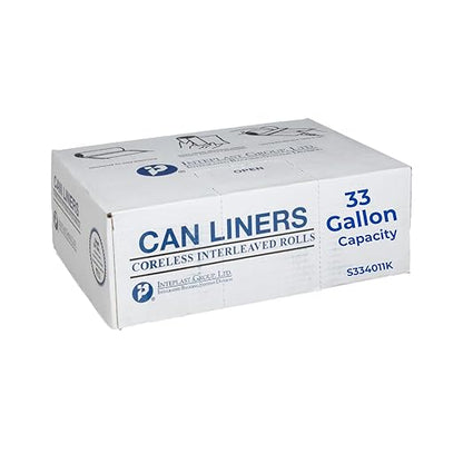 Inteplast 33 Gal Capacity Coreless Roll Trash Can Liner, 33 x 40 Inches, 11-Micron Thickness, Black Color, 25 Bags per Roll, 20 Rolls (500 Count) | S334011K