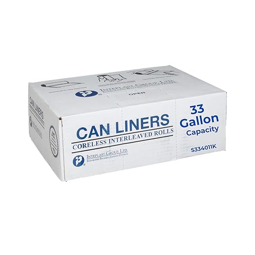 Inteplast 33 Gal Capacity Coreless Roll Trash Can Liner, 33 x 40 Inches, 11-Micron Thickness, Black Color, 25 Bags per Roll, 20 Rolls (500 Count) | S334011K
