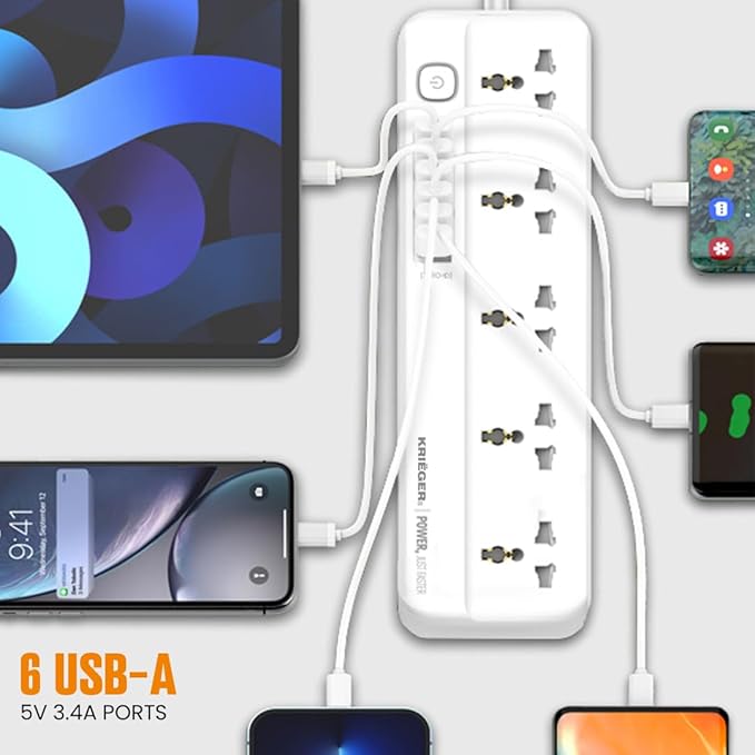 K KRIËGER Universal Power Strip Surge Protector, 5 Outlets, 6 USB Ports, Child Saftey Latch, On/Off Power Button, 2M Extension Cord, Flat Plug for Charging Home, Office & Travel Accessories -Type E/F