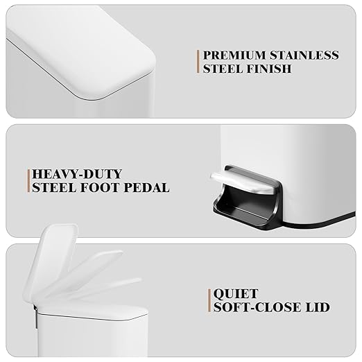 Small Bathroom Trash Can w/Lid Soft Close, 6 Liter/1.6 Gallon Stainless Steel Garbage Can w/Inner Bucket, Trash Bin Waste Basket for Kitchen, Bedroom, Living Room, Office, Toilet, White