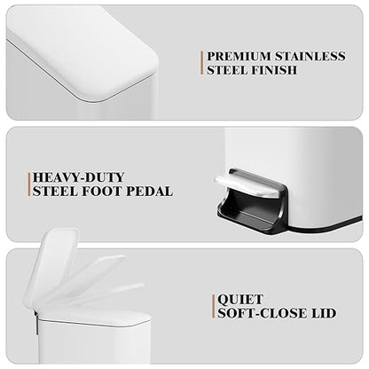Small Bathroom Trash Can w/Lid Soft Close, 6 Liter/1.6 Gallon Stainless Steel Garbage Can w/Inner Bucket, Trash Bin Waste Basket for Kitchen, Bedroom, Living Room, Office, Toilet, White