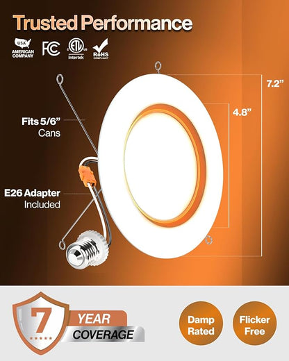Sunco 20 Pack 6 Inch Recessed Light with Night Light, LED Can Lights Retrofit Lighting, 1000 LM, 12W, Selectable CCT 2700K/3000K/4000K/5000K/6000K, Dimmable, Damp Rated ETL