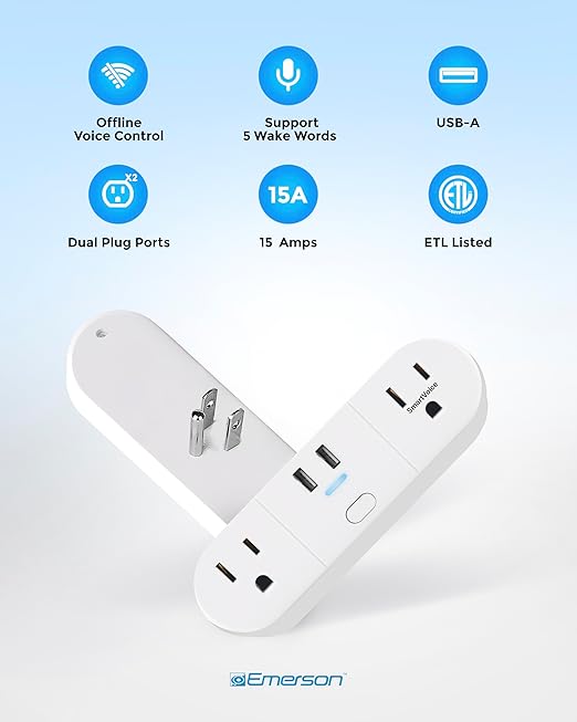 Emerson SmartVoice 4-in-1 Dual Wall Plug, Offline 30+ Voice Control Commands, No APP, No WiFi, No Setup, Smart Outlet w/ 2 AC Outlets, 2 USB-A Ports, Sleep & Wake Timer, ETL Listed