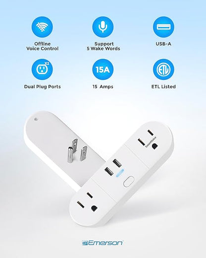 Emerson SmartVoice 4-in-1 Dual Wall Plug, Offline 30+ Voice Control Commands, No APP, No WiFi, No Setup, Smart Outlet w/ 2 AC Outlets, 2 USB-A Ports, Sleep & Wake Timer, ETL Listed