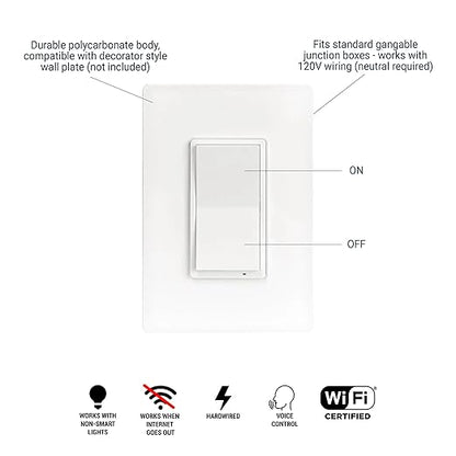 HALO Pure Smart Wi-Fi On/Off Switch 120V Hardwired Wall Switch for Traditional Non Smart Lighting Single Pole 3-Way Compatible Alexa Google Assistant Smart Home - SWW-SWT-WH