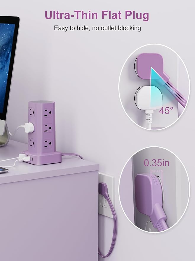 Power Strip Tower Surge Protector, 6FT Flat Plug Extension Cord with Multiple Outlets, 12 AC Outlets 4 USB (2 USB C), Desktop Charging Station with Surge Protection for Home Office Dorm Room, Purple