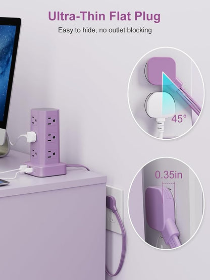 Power Strip Tower Surge Protector, 6FT Flat Plug Extension Cord with Multiple Outlets, 12 AC Outlets 4 USB (2 USB C), Desktop Charging Station with Surge Protection for Home Office Dorm Room, Purple