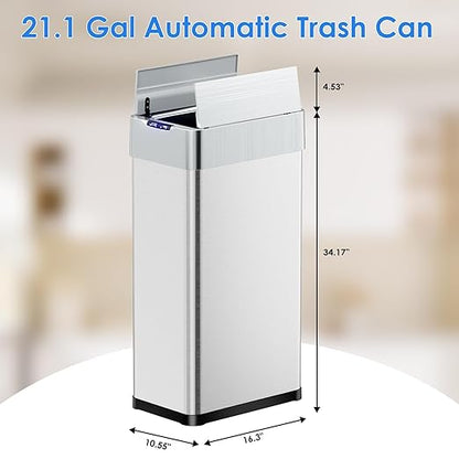 TLSUNNY 21.1 Gallon Automatic Trash Can, Stainless Steel Motion Sensor Garbage bin, Smart Trash Can W/Butterfly Lid, Bag Retainer Ring and Display Light for Living Room,Kitchen,Office (Silver, 80L)