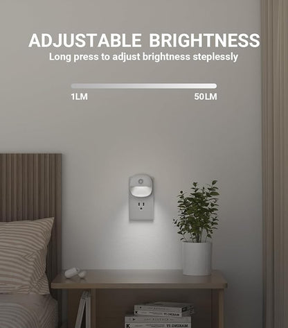 Lyridz Plug in Night Light with Motion Sensor and Dusk to Dawn Sensor, Dimmable Cool White Nightlight with 1-50lm Adjustable Brightness for Bedroom, Bathroom, Stairs, Hallway, 2 Pack