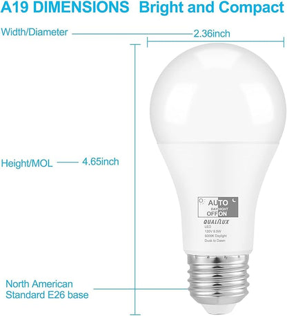 Qualilux Dusk to Dawn LED Light Bulbs Outdoor, Automatic On/Off, 60W Equivalent, Daylight 5000K, Energy Efficient 9.5W, 850 Lumen, A19, E26 Base, 4-Pack, HQ-H012
