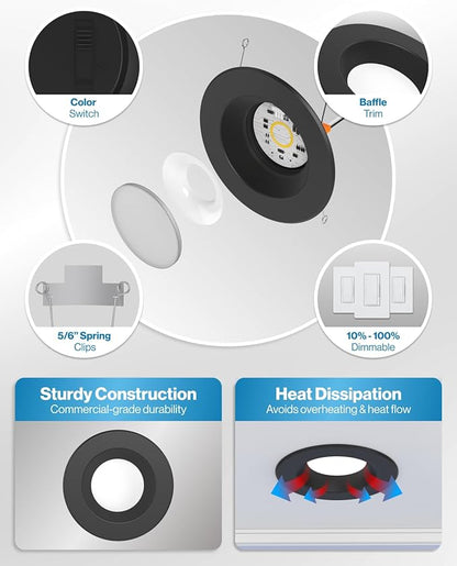 Sunco 24 Pack 5CCT Black LED Recessed Lighting 6 Inch, 2700K/3000K/3500K/4000K/5000K Selectable, Dimmable Can Lights, Baffle Trim, 13W=120W, 965 LM, Damp Rated, Retrofit Installation - UL Listed