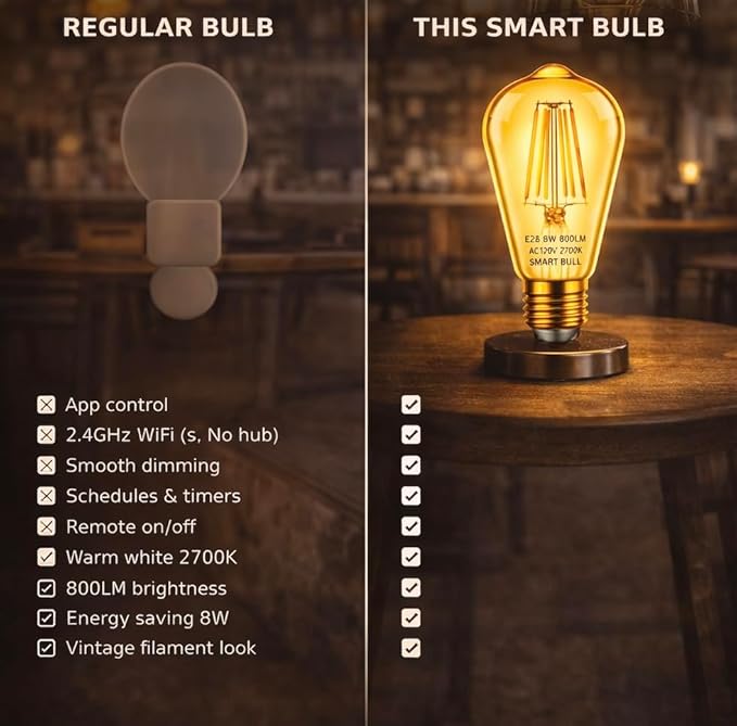 Smart Light Bulb Smart Bulbs LED WiFi Dimmable Vintage Smart Bulb ST19 Vintage Filament Smart Bulb E26 Base Soft Warm Amber No Hub Required