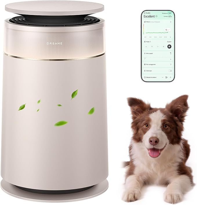 ‌Dreame HEPA Air Purifier with Self-Cleaning Pet Hair, Suck Up Floating Cat Dog Hair Dander for Home Large Room, 4 Filters Smart Air Cleaner for Pet Odor Purification, APP & Voice Control, FP10-Beige