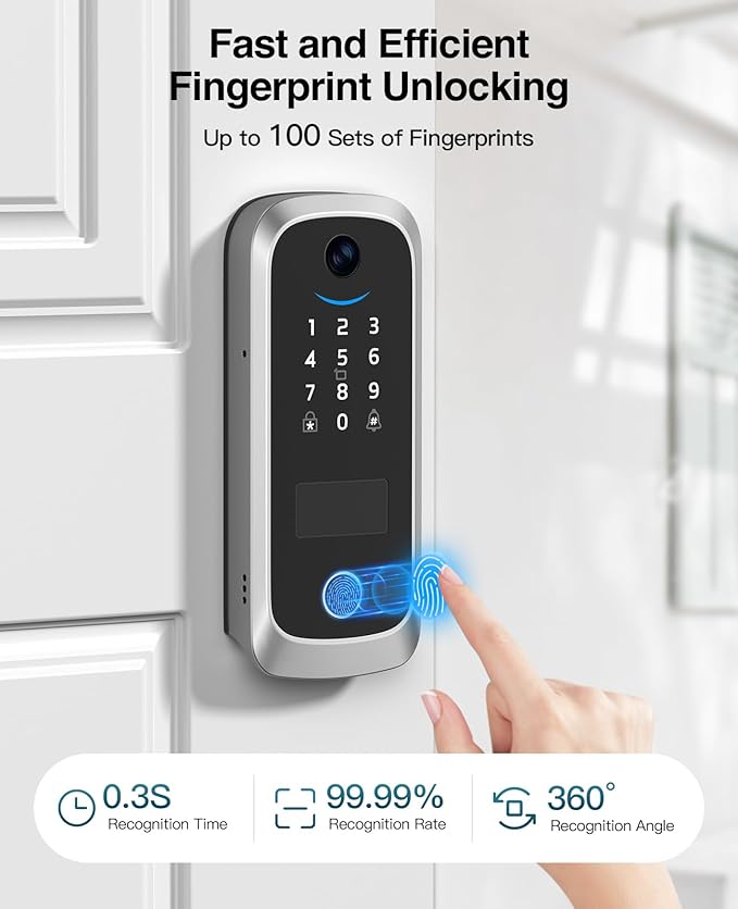 Video Smart Lock with Camera, Built-in Rechargeable Lithium Battery Entry Keyless Door Lock, App Control, Fingerprint ID, IC Card, Keypad Code, Auto Lock for Front Door (Silver)