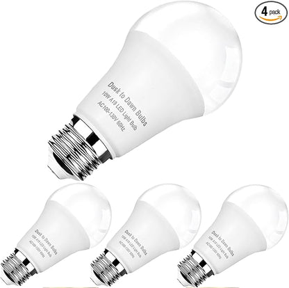 4 -Pack Dusk to Dawn LED Light Bulbs Outdoor,75 Watt Equivalent, Light Sensor 10W A19,3000K Soft White 1100 Lumens, Auto on/Off Photocell Automatic for Outdoor Lighting