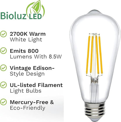 Bioluz Dimmable Warm Edison Light Bulbs - 800 Lumen Warm White 2700K LED Replacement for Incandescent Light Bulbs - 18-Pack Vintage Warm Light Bulbs for Dimmable Light Fixtures