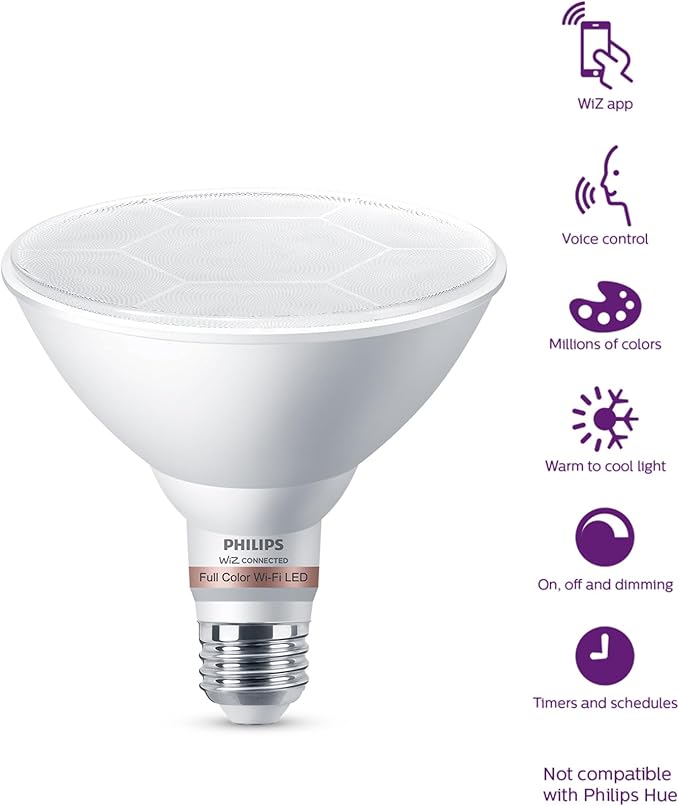 Philips Smart 120W PAR38 Color LED Light Bulb 2-Pack - Connects to Your Wi-Fi - E26 Smart Bulb - Control with Voice or App + Activate with Motion - Matter Compatible