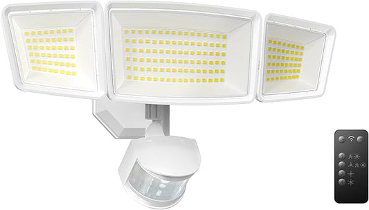 TECKNET 7500LM Motion Sensor Outdoor Lights, 150-LED 3-Head Security Light with Remote Control, 300°Wide Angle Flood Wall Lights with 4 Modes, IP66 Waterproof, Ideal for Garage, Patio, Yard