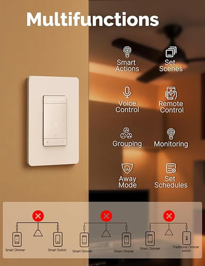 MOES 3 Way Smart Star Ring Dimmer Switch, 2.4GHz WiFi Dimmable Light Switch,Neutral Wire Required, Smart Life APP Remote Control, Works with Alexa & Google Assistant, Timer & Schedule White 1 Gang