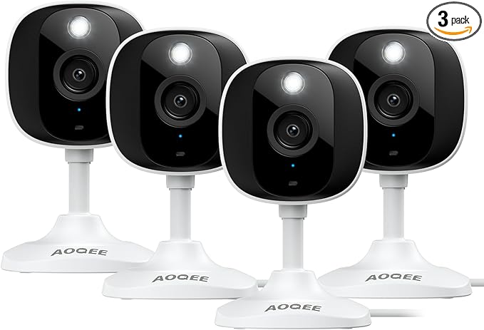 AOQEE 2K Cameras for Home Security-Outdoor/Indoor Camera for Dog/Cat/Pet/Nanny/Baby/Elderly, Color Night Vision, White Light, Siren, 24/7 SD Recordings, Works with Alexa, Plug in (C1-White-4pack-2.4G)