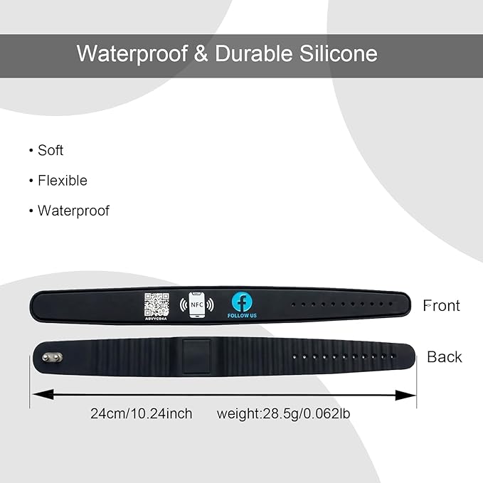 Smart NFC Social Media Wristband – Silicone QR Bracelet for Facebook, Instagram & Google Reviews | Waterproof | Lifetime Link Update | Analytics Dashboard (NFC-WB-FB-BLK-V1)
