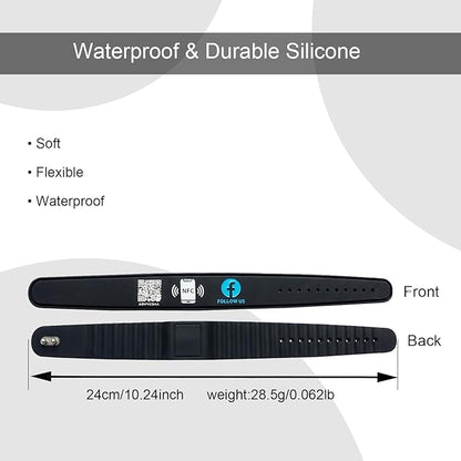 Smart NFC Social Media Wristband – Silicone QR Bracelet for Facebook, Instagram & Google Reviews | Waterproof | Lifetime Link Update | Analytics Dashboard (NFC-WB-FB-BLK-V1)