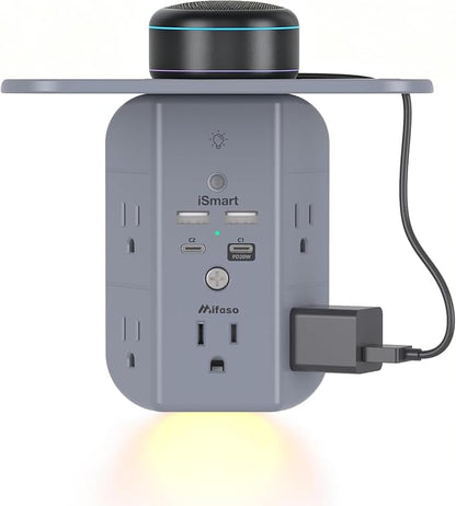 PD20W Wall Outlet Extender with Shelf & Night Light – 5 AC Outlets, 2 USB-A, 2 USB-C, 3-Sided Wide-Space Design, Surge Protector, Multi-Plug Outlet Splitter – Ideal for Home, College Dorm, RV, Gray