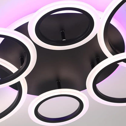 70W LED Ceiling Light, 6-Ring Black Flush Mount Fixture with Remote | Dimmable 3000K-6000K ceiling light with remote, 4200LM,RGB ambient glow,modern fixture for living room, bedroom & dining room