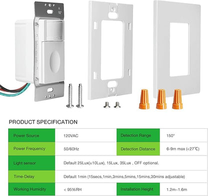 RAYZEEK Motion Sensor Light Switch, No Neutral Wire Required, No Ground Wire Needed,5A,Single Pole, Occupancy&Vacancy&Manual On/Off Override Motion Sensor Activated Wall Switch,PC Fireproof