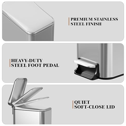 Small Bathroom Trash Can w/Lid Soft Close, 6 Liter/1.6 Gallon Stainless Steel Garbage Can w/Inner Bucket, Trash Bin Waste Basket for Kitchen, Bedroom, Living Room, Office, Toilet, Silver