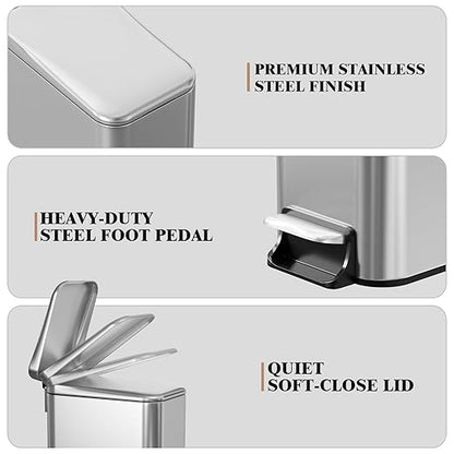 Small Bathroom Trash Can w/Lid Soft Close, 6 Liter/1.6 Gallon Stainless Steel Garbage Can w/Inner Bucket, Trash Bin Waste Basket for Kitchen, Bedroom, Living Room, Office, Toilet, Silver