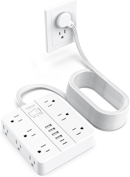 Extension Cord Power Strip, HUNIAN 25Ft Flat Plug Extension Cord | 12 Widely Spaced Multiple Outlets 6 USB (2 USB C Ports), Outlet Extender with Power Switch for Home Office Supplies, White