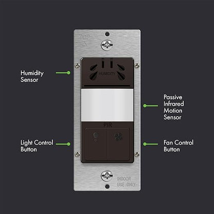 TOPGREENER Humidity Sensor Switch with PIR Lighting Motion Sensor, Neutral Wire Required, Air Moisture Detection for Ventilation Fan, Bathroom Fan Automated Control, UL Listed, TDHOS5-BR, Brown