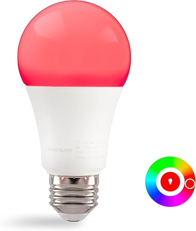 Westgate TC-A19-9W-RGBW-WIFI E26 LED Bulb, Smart Light Bulb, Color Changing Light, A19 Shape, Dimmable - Smart App Compatible, Compatible with Alexa, Works with Google